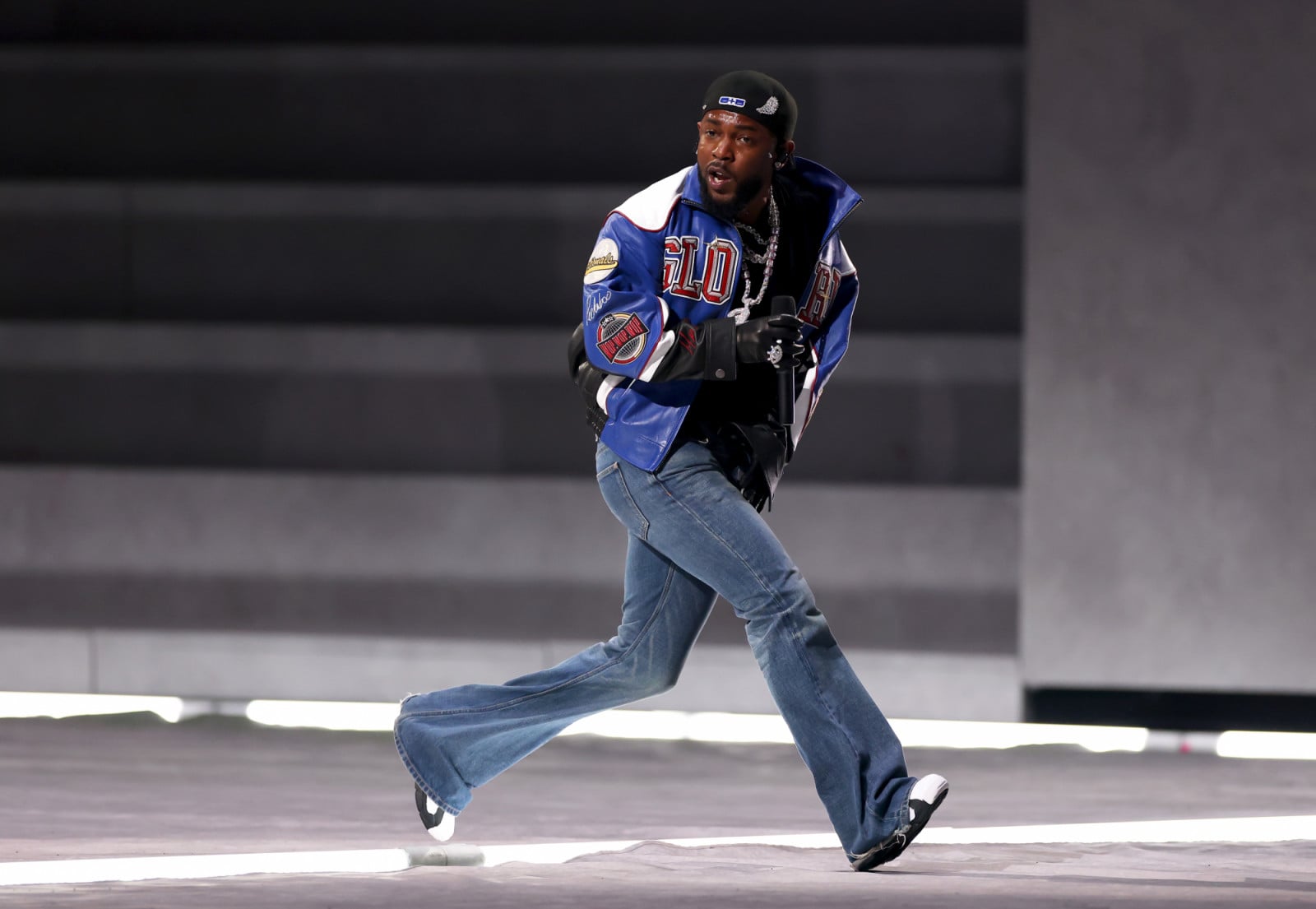 Kendrick Lamar performs at the Apple Music Super Bowl LIX Halftime Show in flared Celine jeans (Photo: Gregory Shamus/Getty Images)